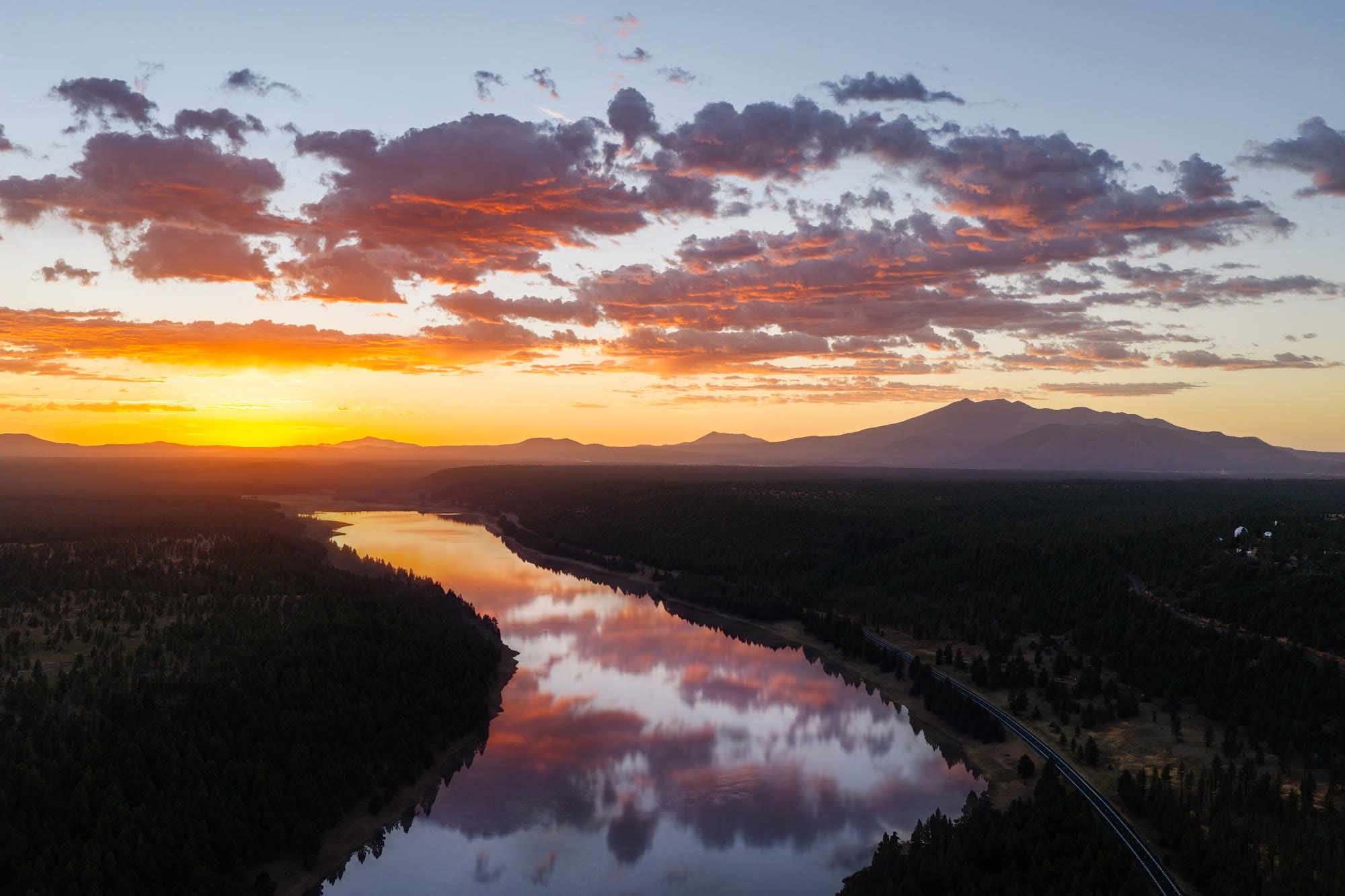 Aerial view of Lower Lake Mary at sunset with the San Francisco Peaks, Arizona